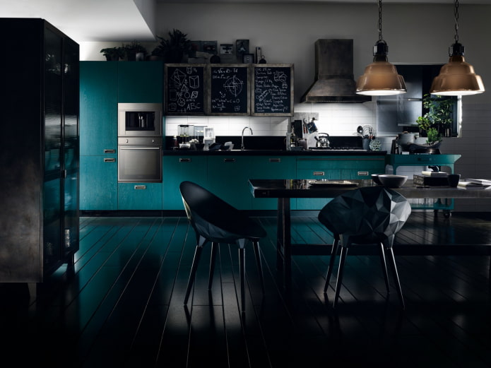 кухненски интериор в черни и тюркоазени цветове