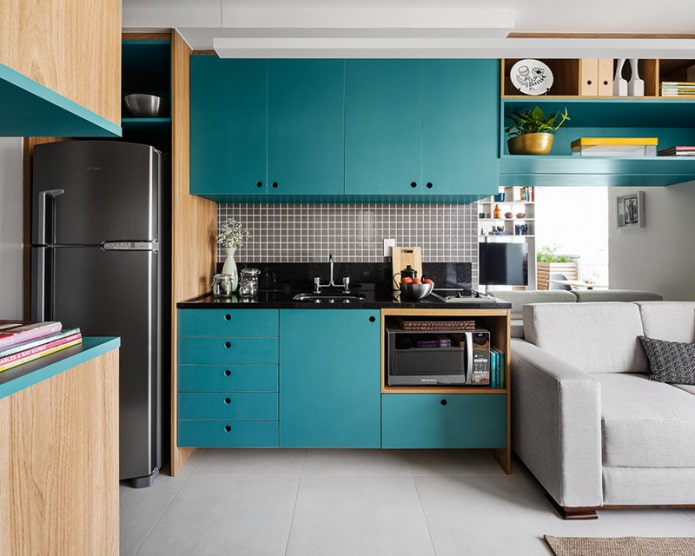 countertop virtuves interjerā tirkīza krāsā