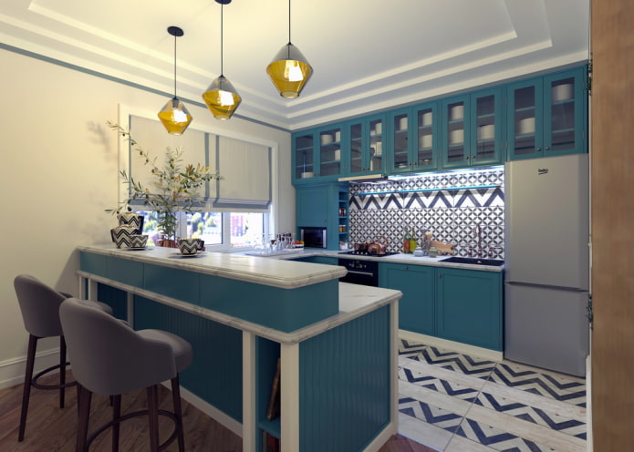 mutfağın iç kısmında turkuaz renkli dekor ve tekstiller
