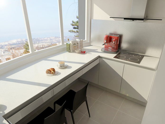 تصميم المطبخ مع منطقة لتناول الطعام على الشرفة