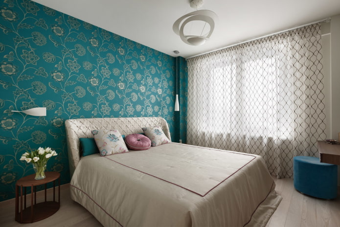 beige en turquoise slaapkamer interieur