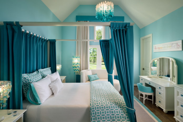sypialnia w turkusowych kolorach