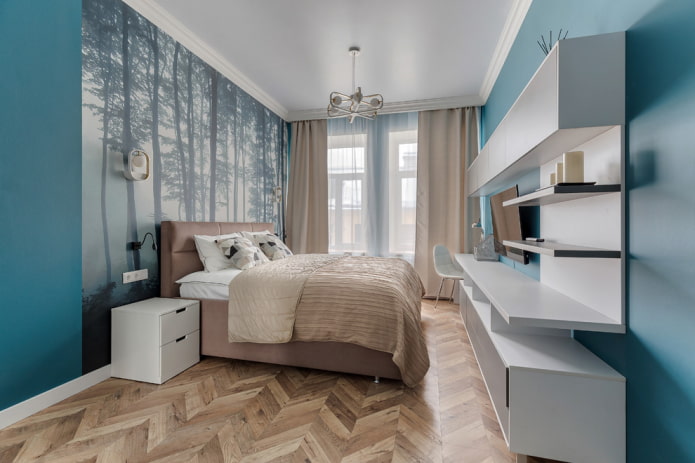 interior de dormitori de color beix i turquesa