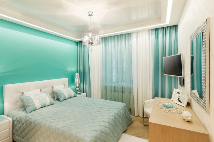 interno camera da letto bianco e turchese turquoise