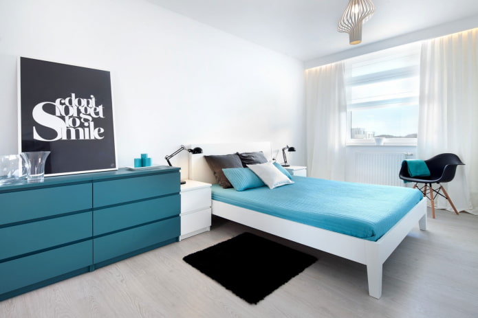 turkio spalvos minimalizmo stiliaus miegamasis