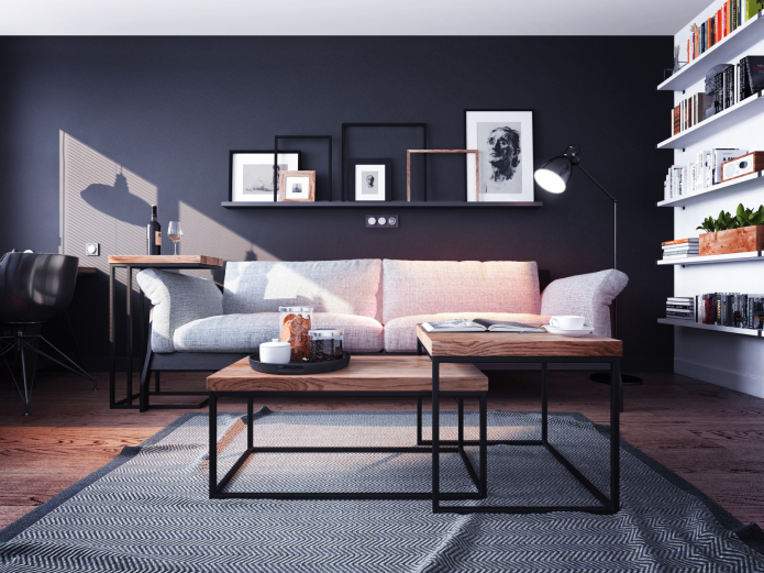 ruang tamu dengan warna kelabu