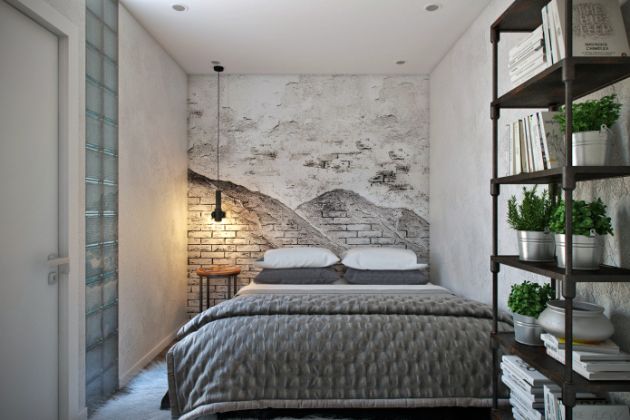 carta da parati fotografica in bianco e nero sul muro della camera da letto, decorata in stile loft