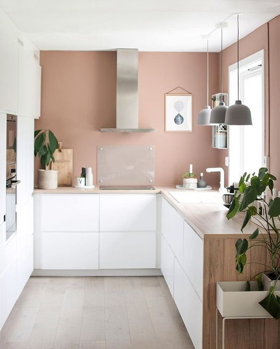 rožinės sienos virtuvėje