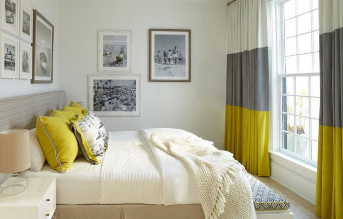 Lyst soveværelse med gul indretning