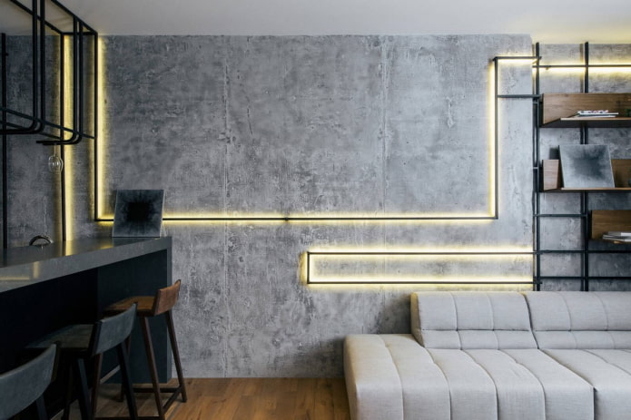 betonové stěny v obývacím pokoji