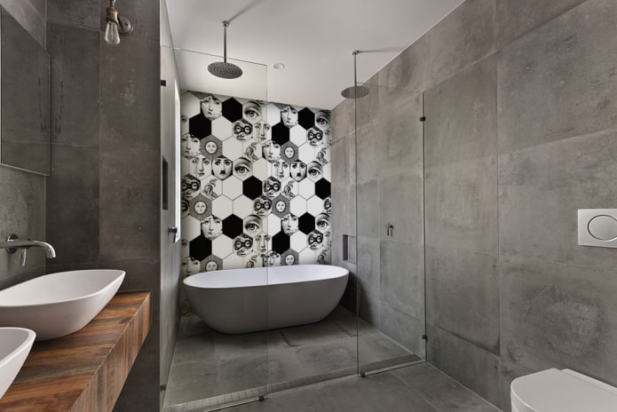 betono efekto plytelės vonios kambaryje