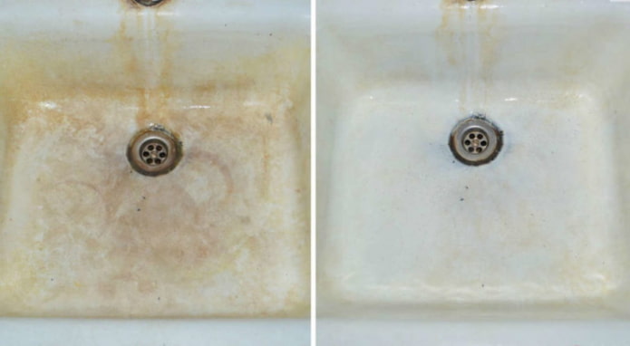 Мивка преди и след лечение с лимонена киселина