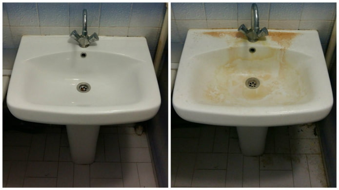 Мивка преди и след почистване с белота
