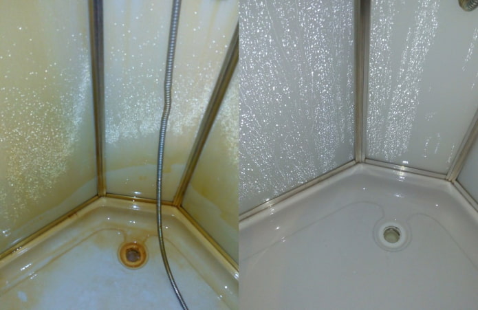 Dušas kabīne pirms un pēc apstrādes ar Sanox Ultra