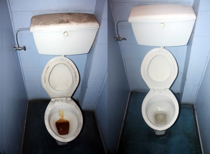 Toilet før og efter rengøring med elektrolyt