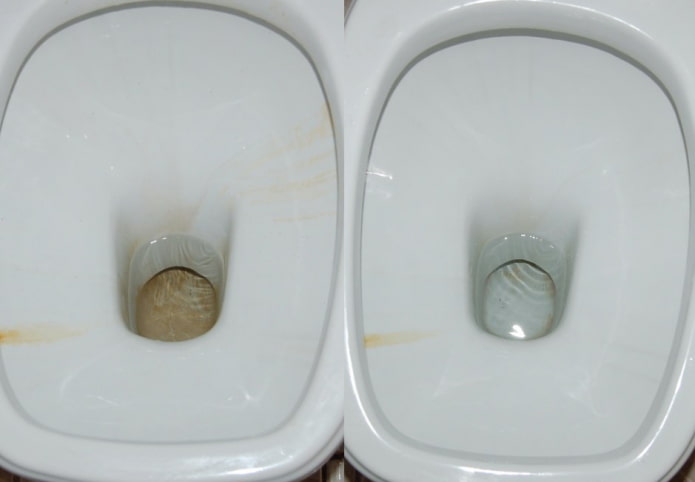 Toilet før og efter rengøring med citronsyre