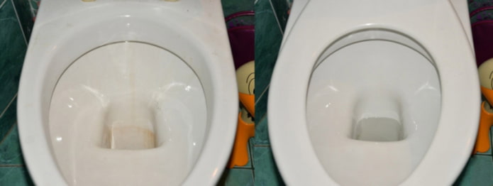 Toilet voor en na reiniging met citroenzuur en azijn