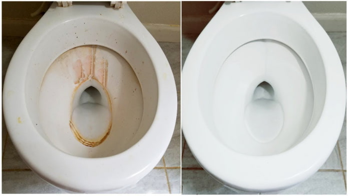 Tualete pirms un pēc tīrīšanas ar Cillit BANG želeju