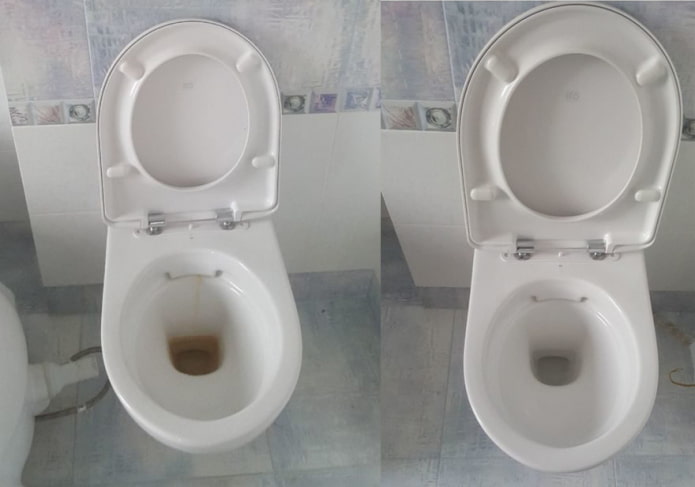 Toilet før og efter rengøring med bagepulver og eddike