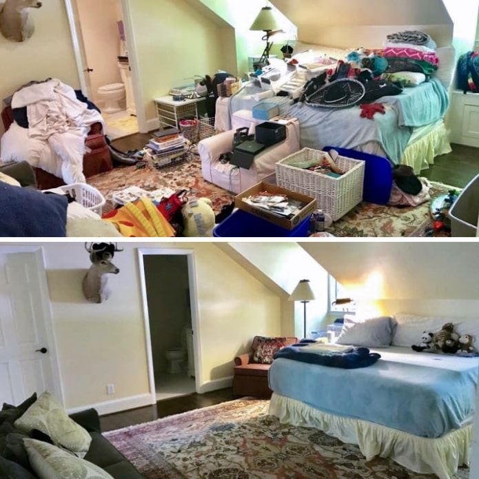 Ullakkohuone ennen ja jälkeen
