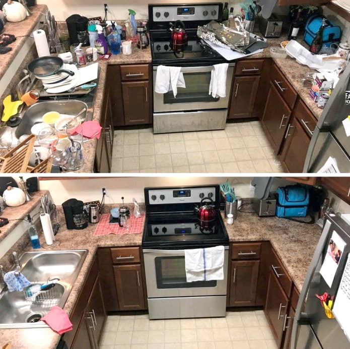 U şeklindeki mutfak temizlikten önce ve sonra