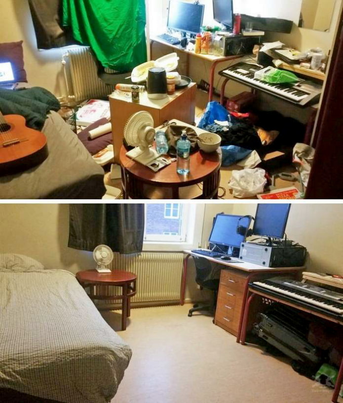 Teini-ikäinen huone ennen siivousta ja sen jälkeen