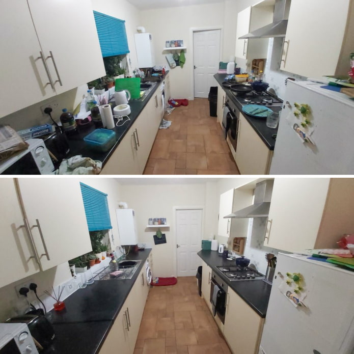 Temizlik öncesi ve sonrası mutfak