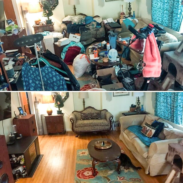 Ruang tamu sebelum dan selepas pembersihan
