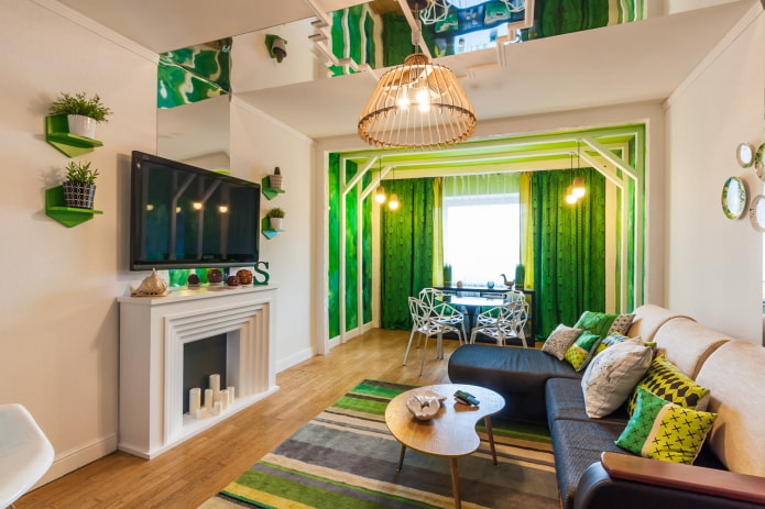světlý obývací pokoj se zelenými akcenty