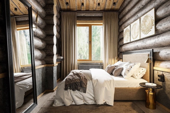 camera da letto in una casa di tronchi
