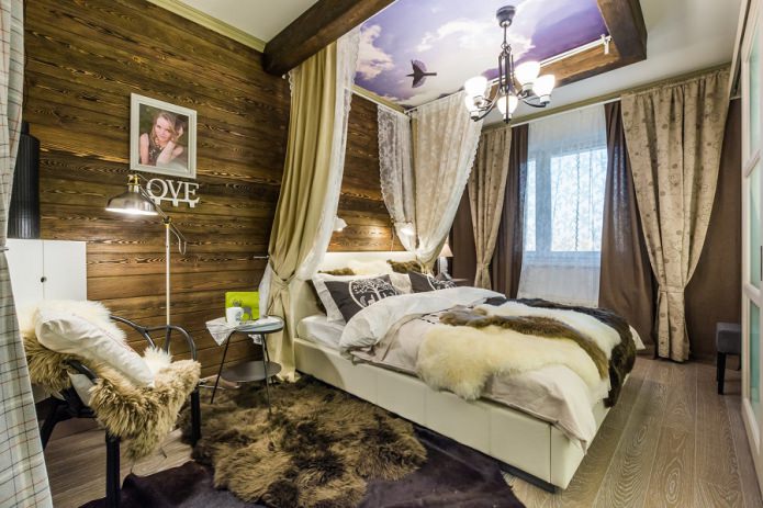 спалня с дървени стени