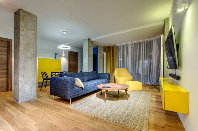 sininen ja keltainen olohuone