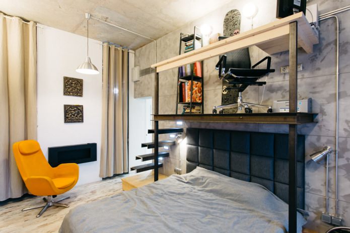 elegante camera da letto in stile loft