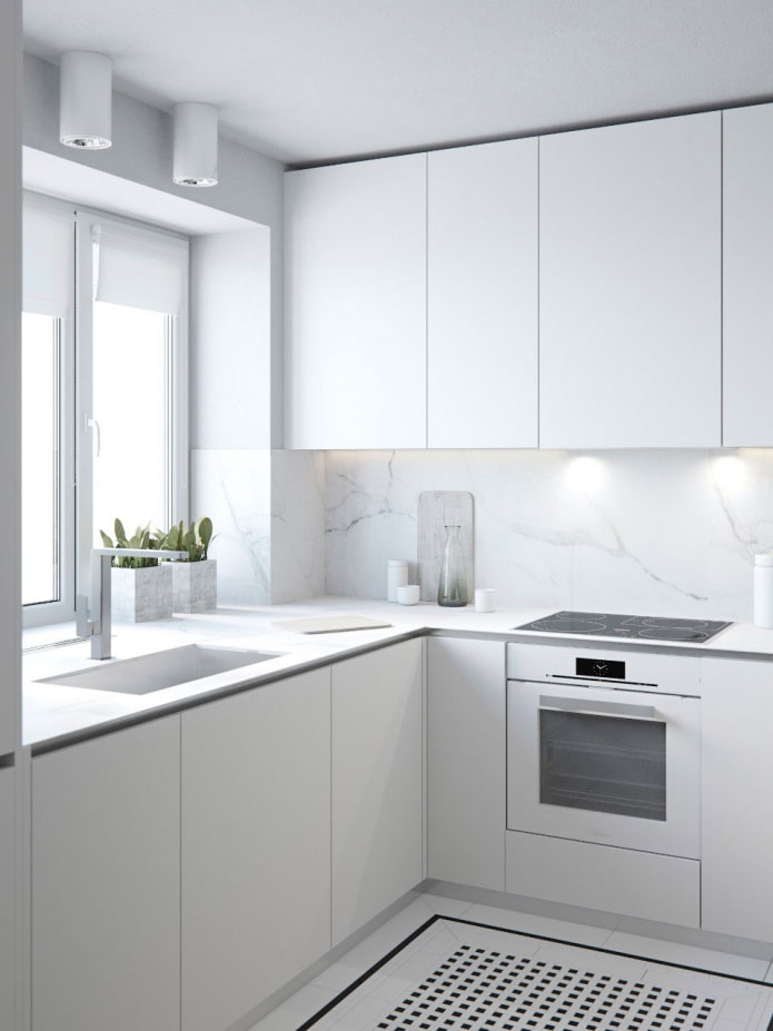 bucătărie albă în stilul minimalismului