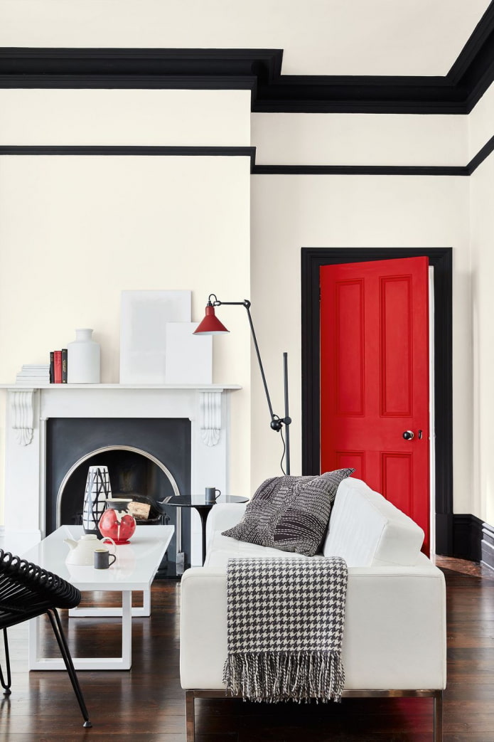 biela, čierna, červená v obývacej izbe