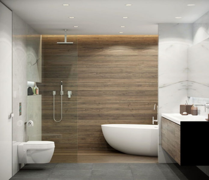 חדר אמבטיה מסוגנן עם אריחי אפקט מעץ