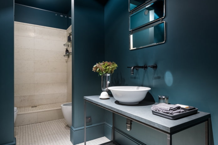 Sininen kylpyhuone, jossa on laatat suihkutilassa