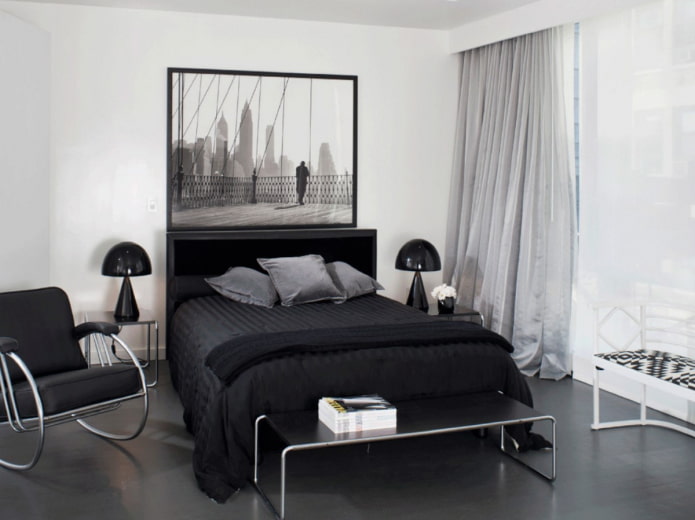 monochrome slaapkamer met donkere vloer