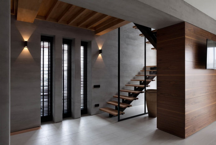 kombinace dřeva a betonu v interiéru
