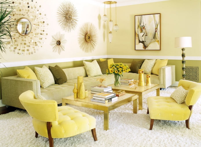 غرفة المعيشة بألوان الليمون والزيتون
