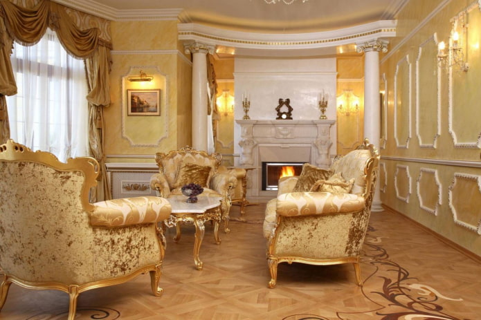 غرفة المعيشة على الطراز الباروكي بألوان صفراء ذهبية