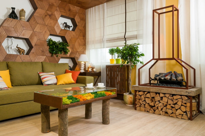 ruang tamu dalam gaya eko dengan aksen kuning dan oren
