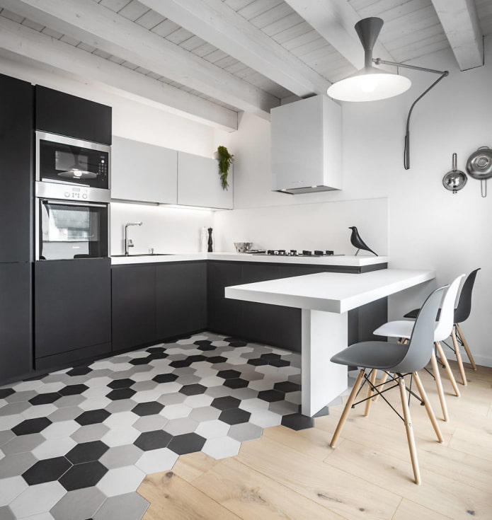 una bella combinazione di piastrelle e legno sul pavimento di una cucina grigio-bianca