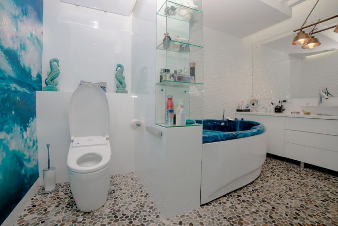 podłoga w łazience wykonana z małych kamieni