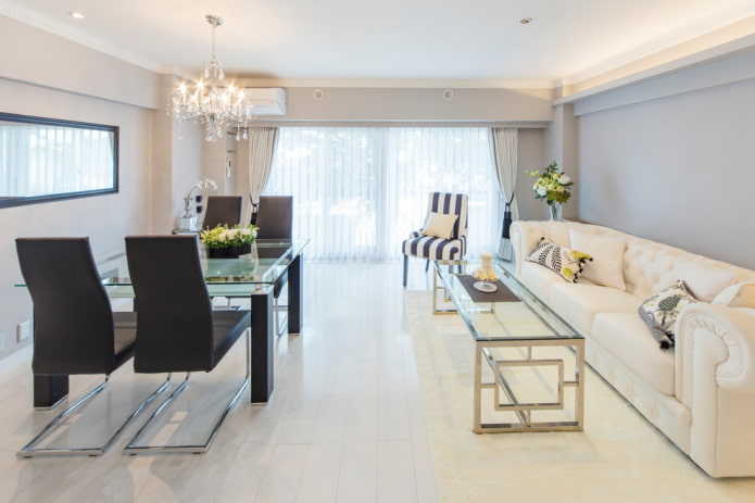 living-sufragerie cu laminat alb