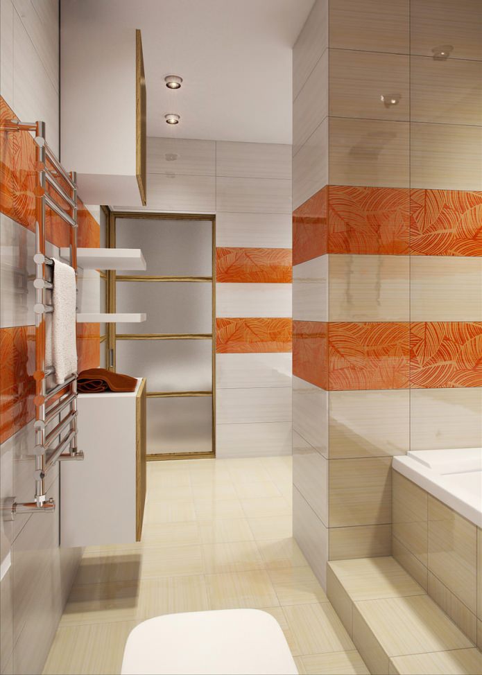 phòng tắm màu trắng và cam trong thiết kế của một căn hộ 58 sq. m.