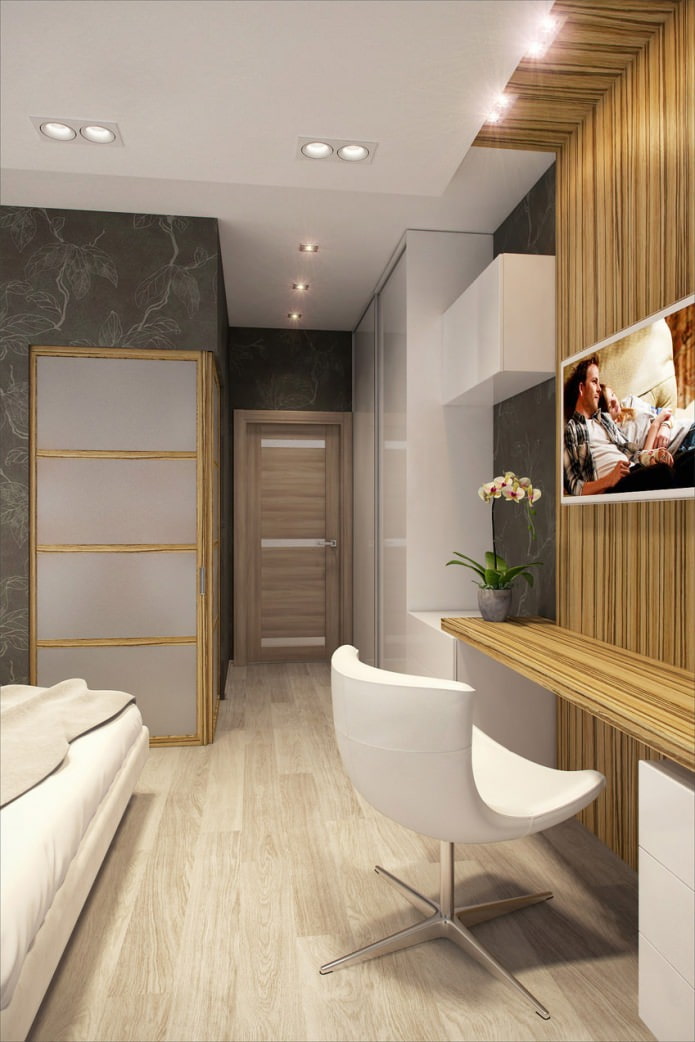 Phòng ngủ với một nơi làm việc trong thiết kế của một căn hộ 58 mét vuông. m.