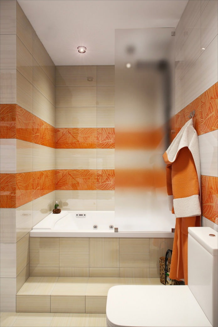 biela a oranžová kúpeľňa v dizajne bytu o rozlohe 58 m². m.