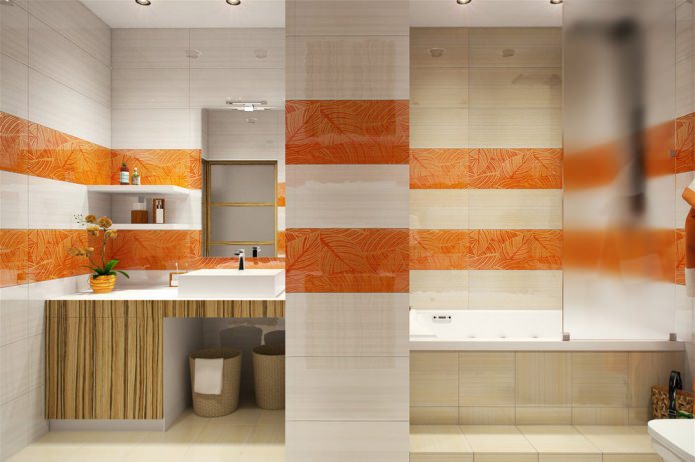witte en oranje badkamer in het ontwerp van een appartement van 58 m². m.