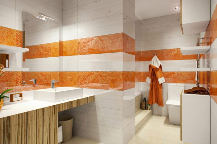 balta un oranža vannas istaba 58 kv.m. dzīvokļa dizainā. m.